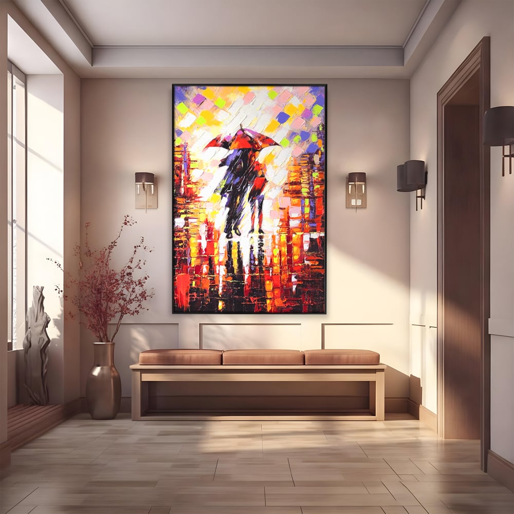 Tablou canvas cu tablou canvas cu cuplu sub umbrela, in rama de aluminiu negru